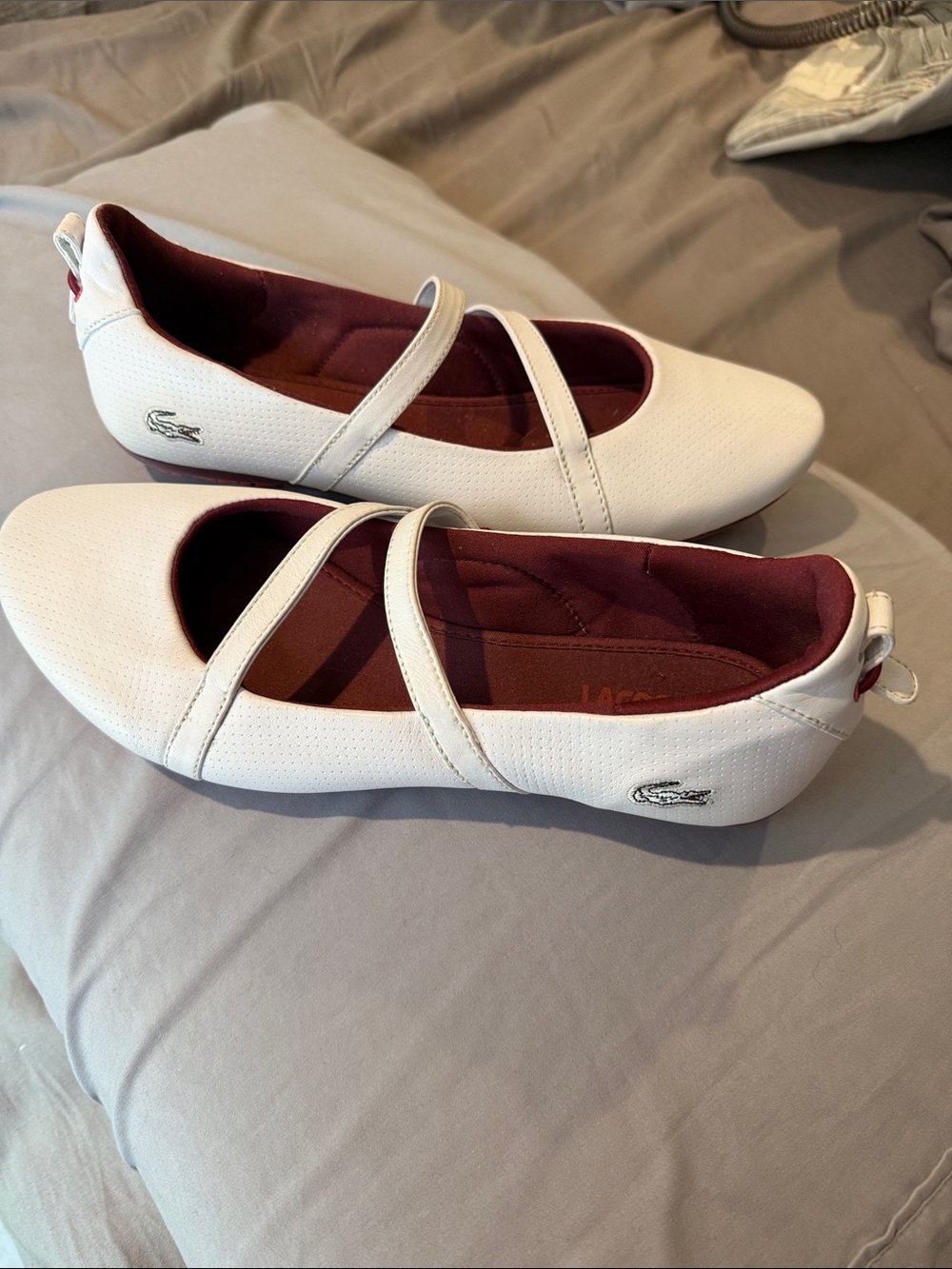 Lacoste White Mary Jane Flats with Burgundy Interior